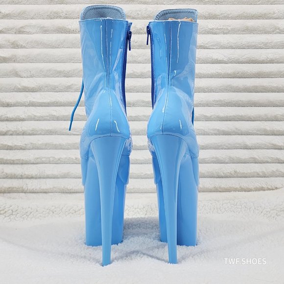 Baby Blue Patent Platform 8" Heel Lace Up Ankle Boots Flamingo 1020 - Picture 6 of 8